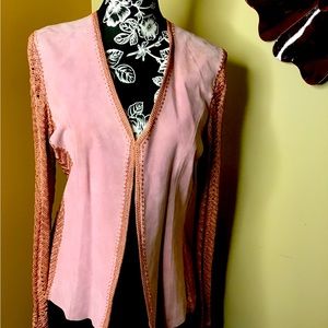 Danier Jacket. Suede bodice with crochet sleeves. Soft pink. Size 6-8